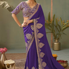 Violet Gota Patti Embroidered Designer Saree With Blouse