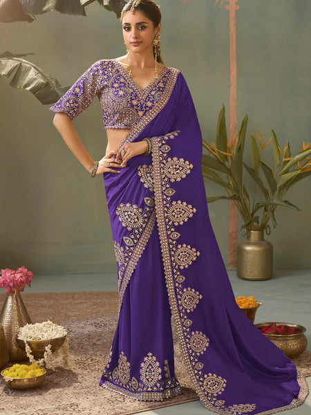 Violet Gota Patti Embroidered Designer Saree With Blouse