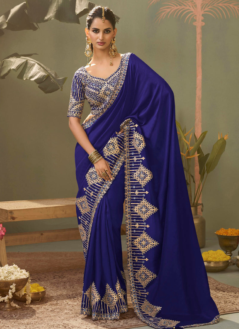 Royal Blue Gota Patti Embroidered Designer Saree With Blouse