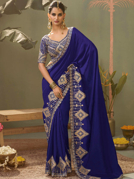 Royal Blue Gota Patti Embroidered Designer Saree With Blouse
