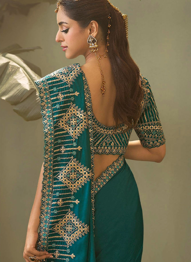Turquoise Gota Patti Embroidered Designer Saree With Blouse