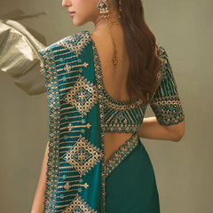 Turquoise Gota Patti Embroidered Designer Saree With Blouse