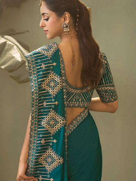 Turquoise Gota Patti Embroidered Designer Saree With Blouse