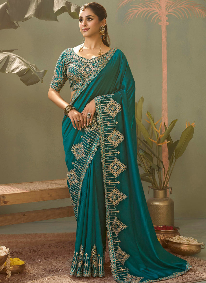 Turquoise Gota Patti Embroidered Designer Saree With Blouse