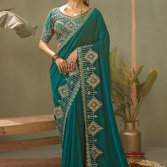Turquoise Gota Patti Embroidered Designer Saree With Blouse