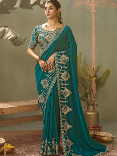 Turquoise Gota Patti Embroidered Designer Saree With Blouse