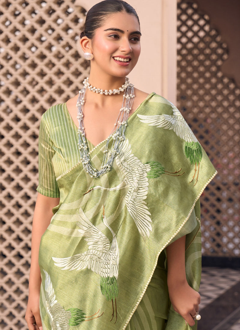 Lime Green Tussar Silk  Beautiful Pallu Designer Saree