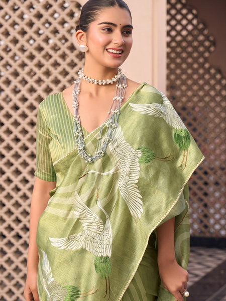 Lime Green Tussar Silk  Beautiful Pallu Designer Saree