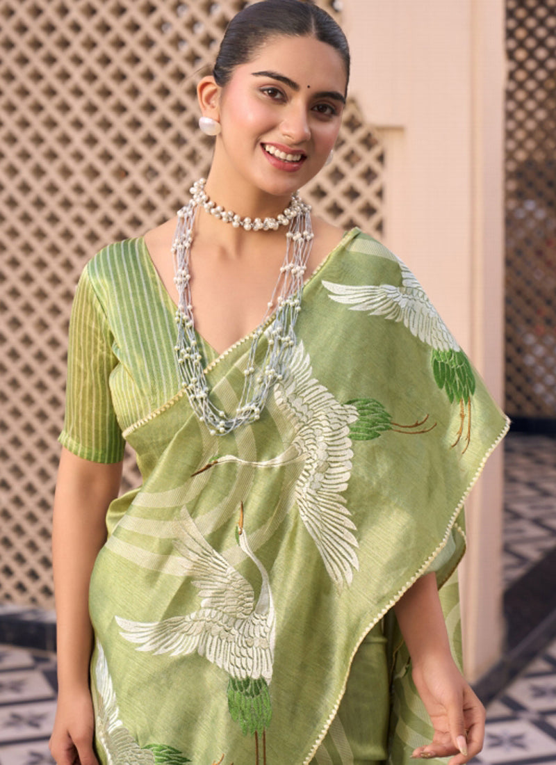 Lime Green Tussar Silk  Beautiful Pallu Designer Saree
