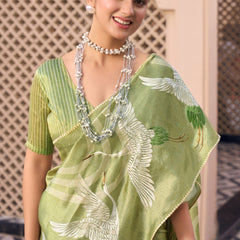 Lime Green Tussar Silk  Beautiful Pallu Designer Saree