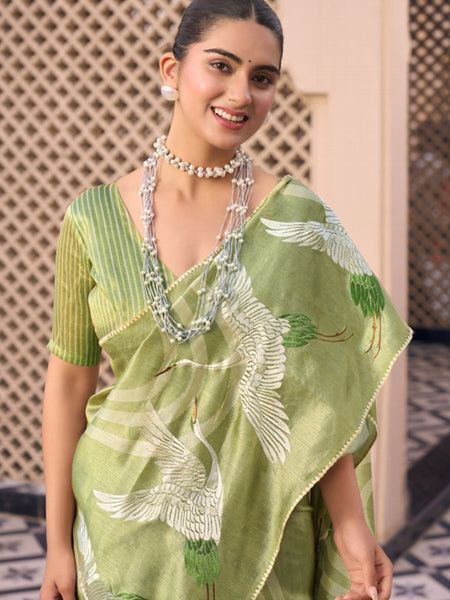 Lime Green Tussar Silk  Beautiful Pallu Designer Saree