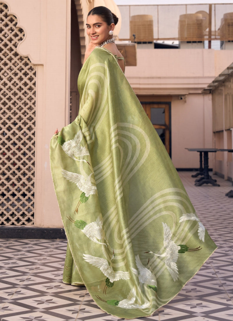 Lime Green Tussar Silk  Beautiful Pallu Designer Saree