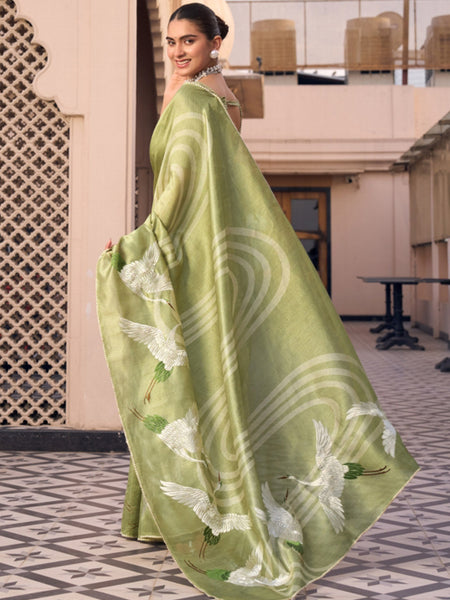 Lime Green Tussar Silk  Beautiful Pallu Designer Saree
