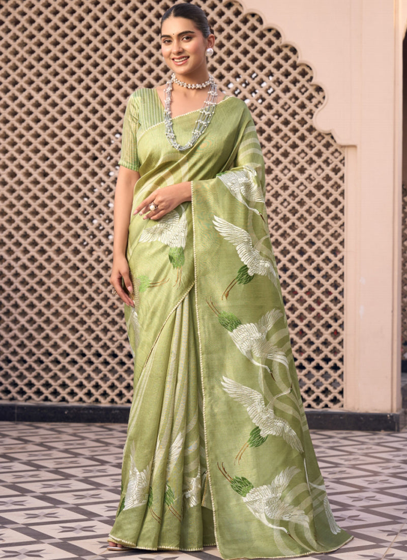 Lime Green Tussar Silk  Beautiful Pallu Designer Saree