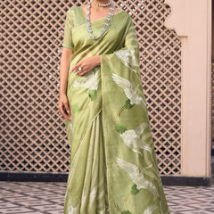 Lime Green Tussar Silk  Beautiful Pallu Designer Saree