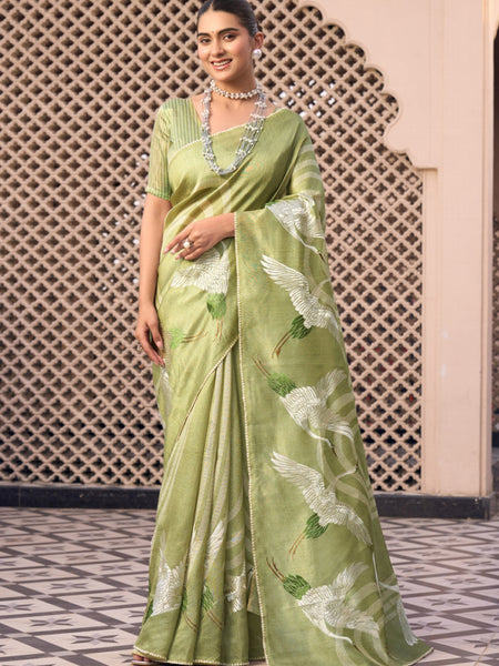 Lime Green Tussar Silk  Beautiful Pallu Designer Saree