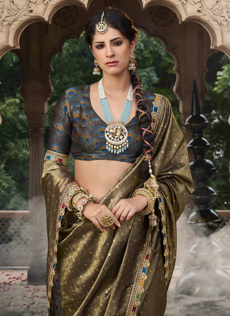 Olive Green Multi Embroidered Tissue Silk Saree