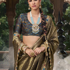 Olive Green Multi Embroidered Tissue Silk Saree