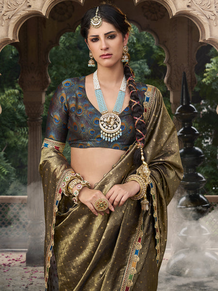 Olive Green Multi Embroidered Tissue Silk Saree