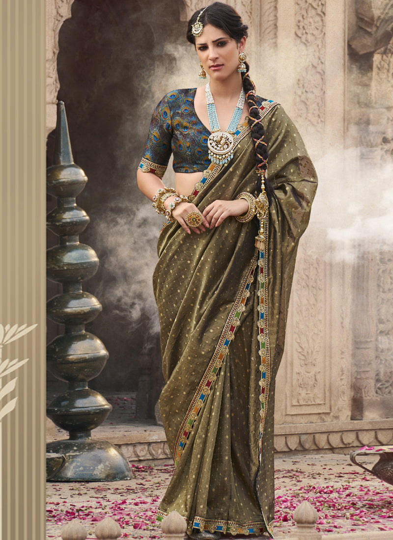 Olive Green Multi Embroidered Tissue Silk Saree