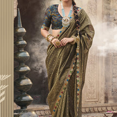 Olive Green Multi Embroidered Tissue Silk Saree