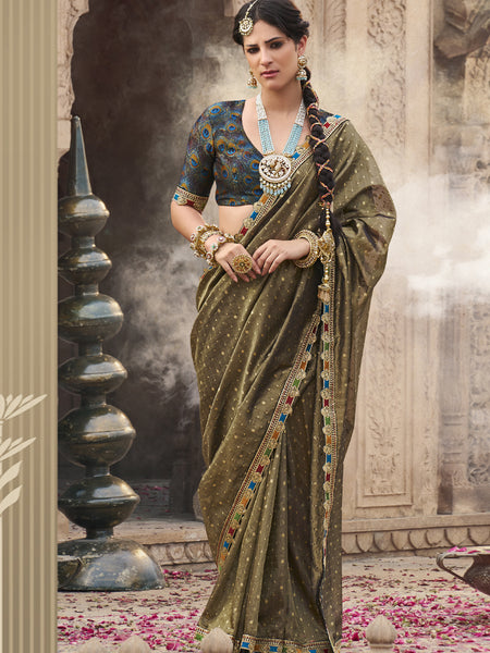 Olive Green Multi Embroidered Tissue Silk Saree