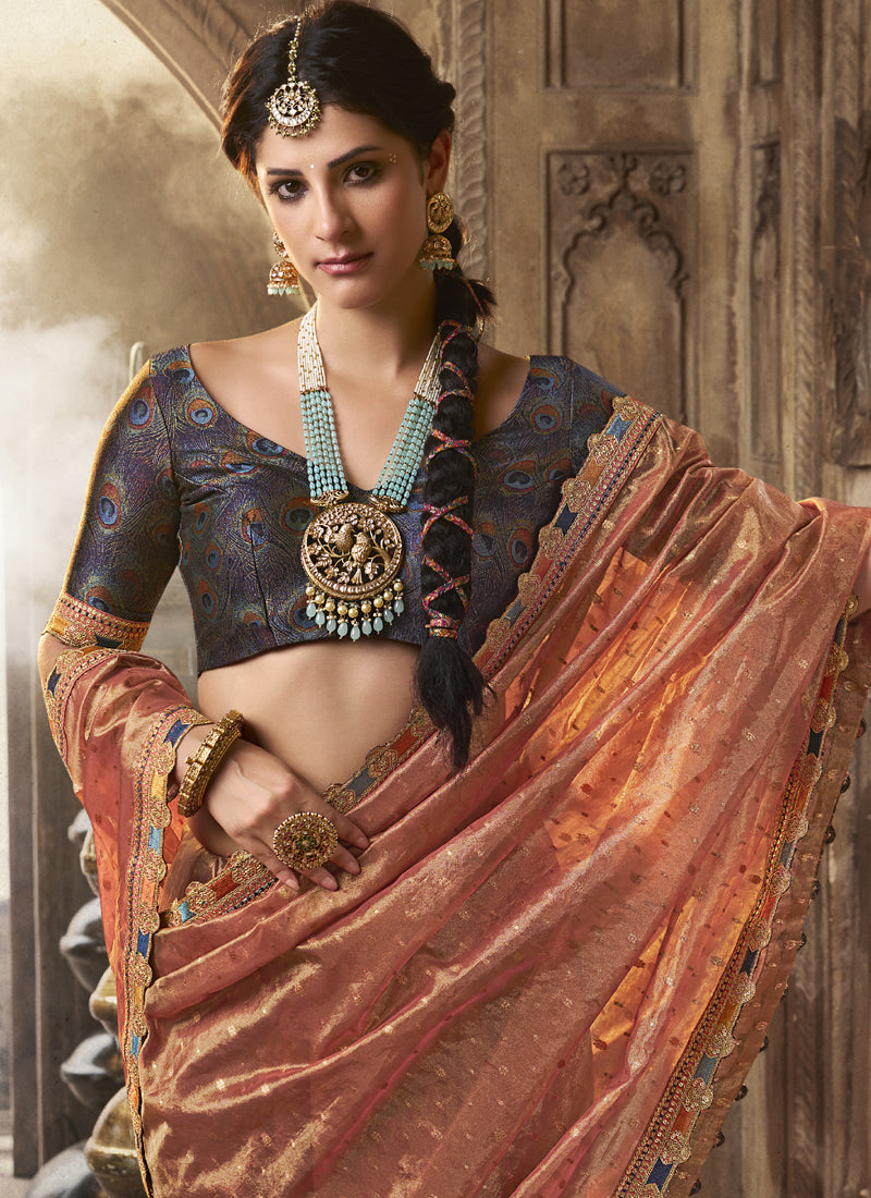 Peach And Blue Multi Embroidered Tissue Silk Saree