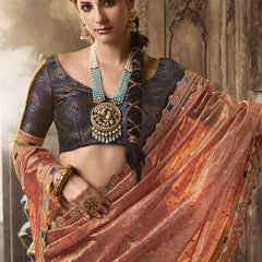 Peach And Blue Multi Embroidered Tissue Silk Saree