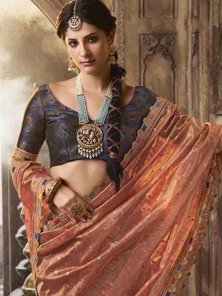 Peach And Blue Multi Embroidered Tissue Silk Saree