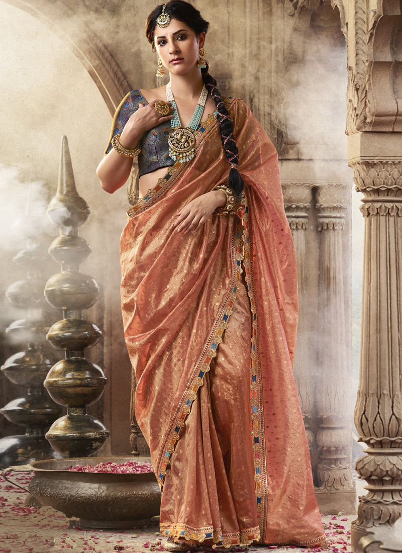 Peach And Blue Multi Embroidered Tissue Silk Saree