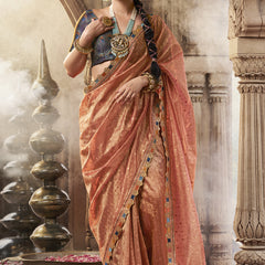Peach And Blue Multi Embroidered Tissue Silk Saree