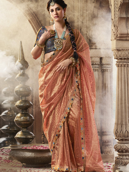 Peach And Blue Multi Embroidered Tissue Silk Saree