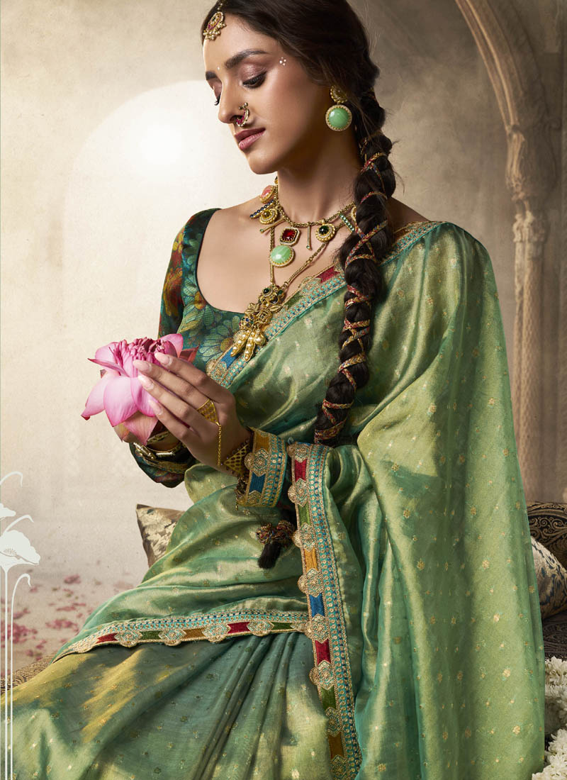 Green Golden Multi Embroidered Tissue Silk Saree