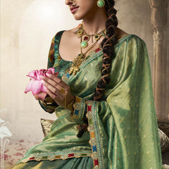 Green Golden Multi Embroidered Tissue Silk Saree