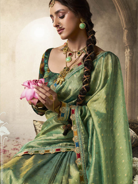 Green Golden Multi Embroidered Tissue Silk Saree