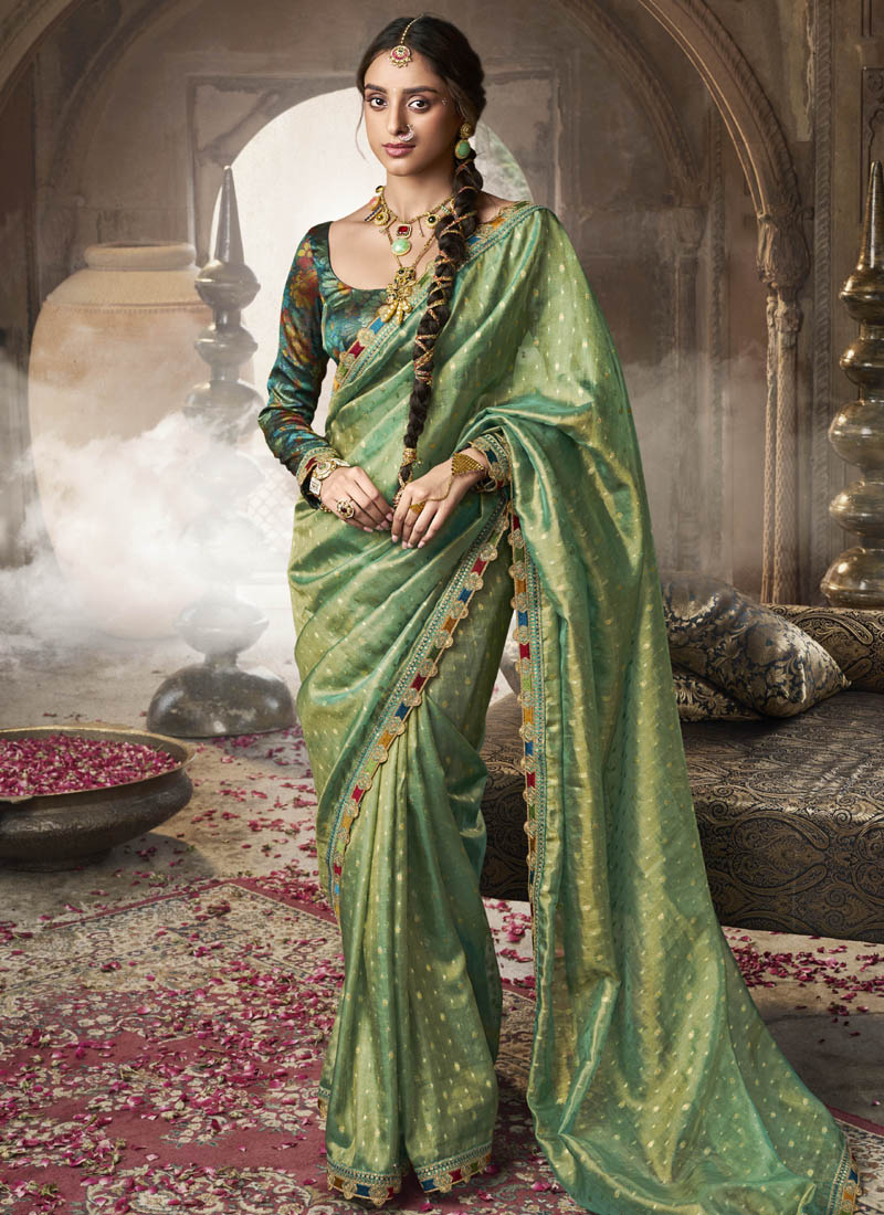 Green Golden Multi Embroidered Tissue Silk Saree