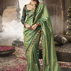 Green Golden Multi Embroidered Tissue Silk Saree