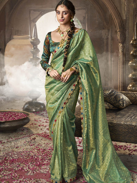 Green Golden Multi Embroidered Tissue Silk Saree