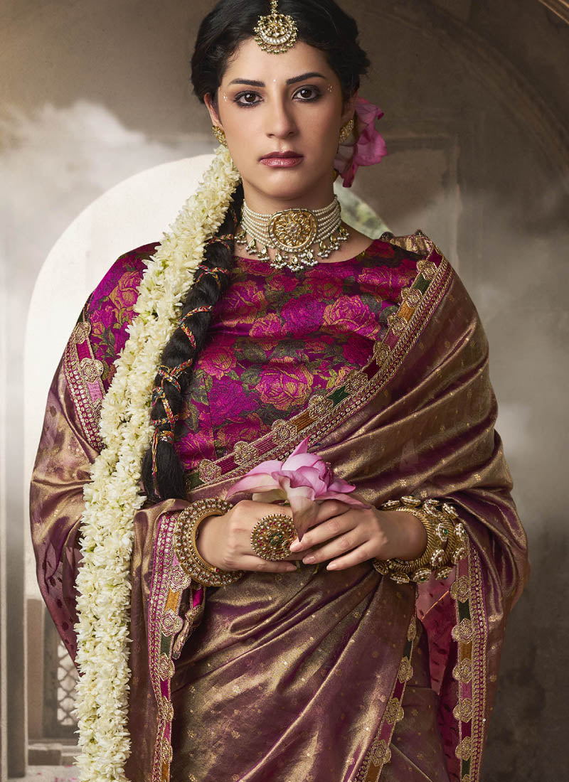 Rose Gold Multi Embroidered Tissue Silk Saree
