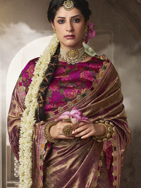 Rose Gold Multi Embroidered Tissue Silk Saree