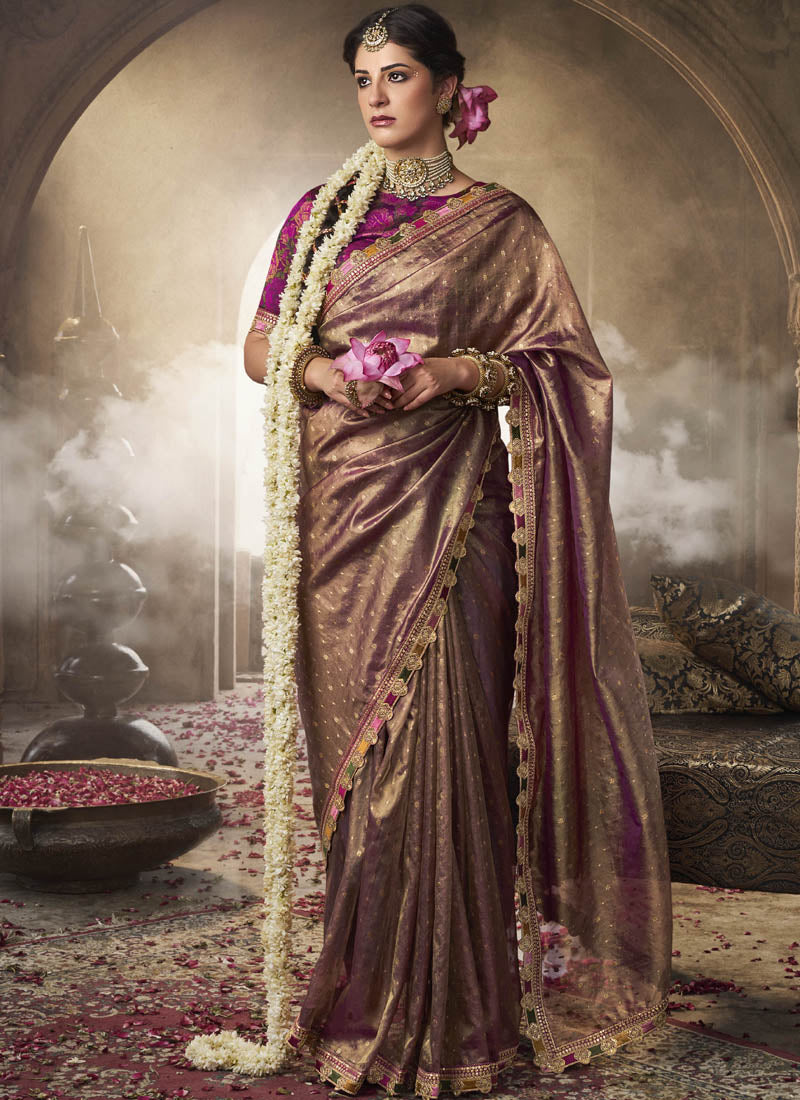 Rose Gold Multi Embroidered Tissue Silk Saree