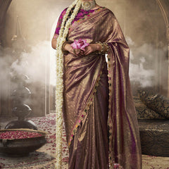 Rose Gold Multi Embroidered Tissue Silk Saree