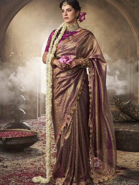 Rose Gold Multi Embroidered Tissue Silk Saree