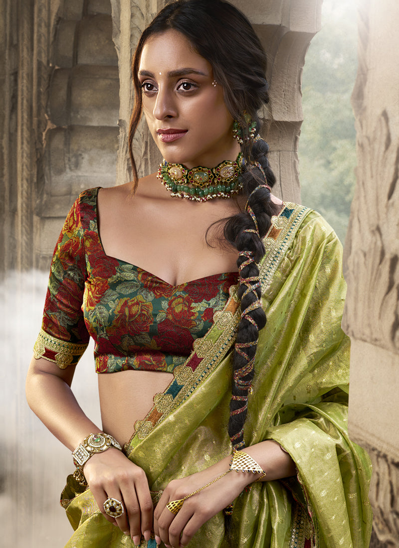 Green And Red Multi Embroidered Tissue Silk Saree