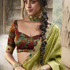Green And Red Multi Embroidered Tissue Silk Saree