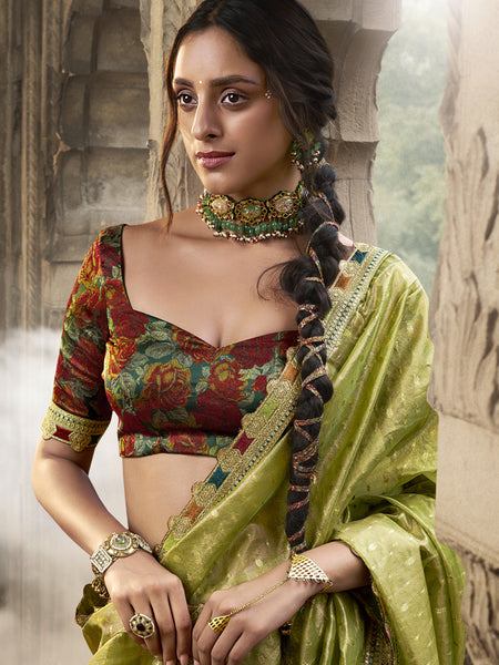 Green And Red Multi Embroidered Tissue Silk Saree