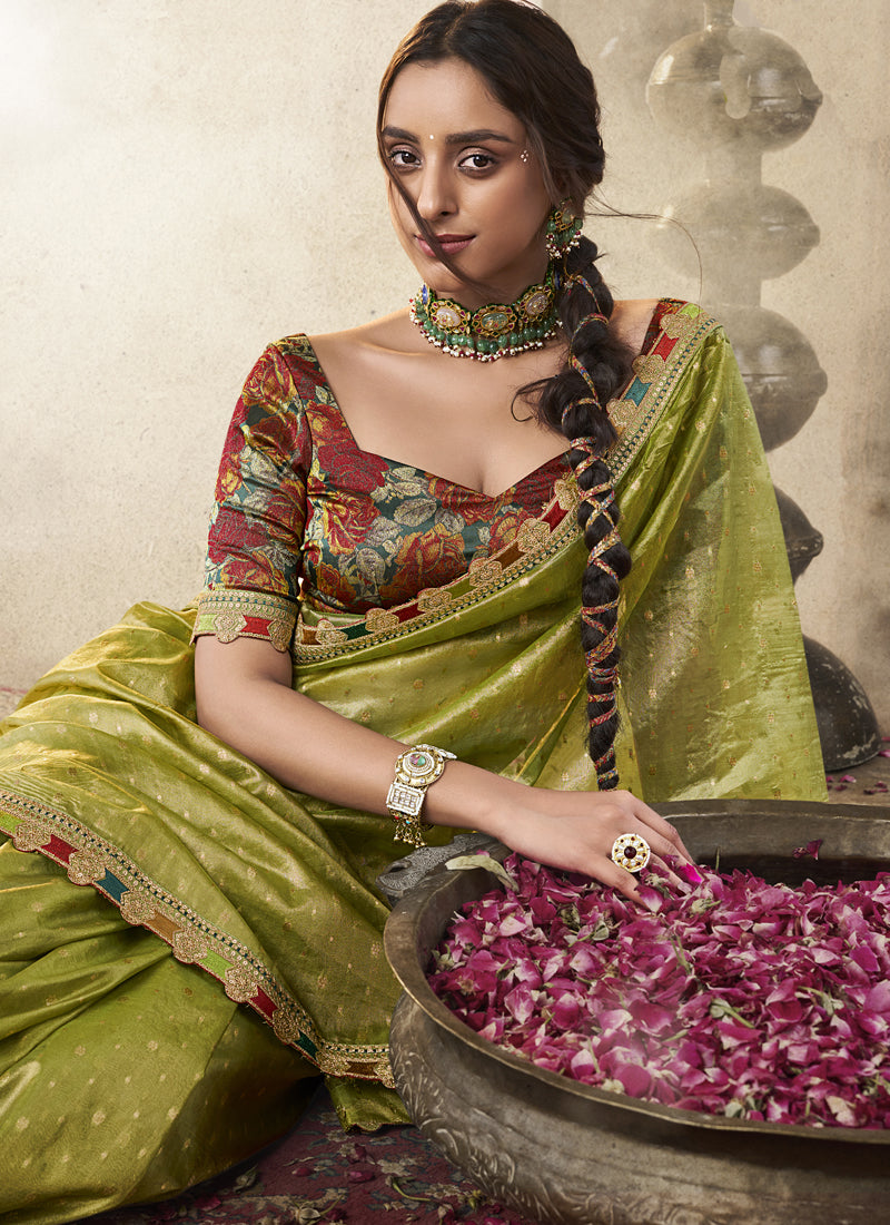 Green And Red Multi Embroidered Tissue Silk Saree