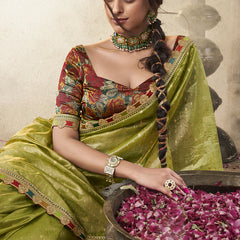 Green And Red Multi Embroidered Tissue Silk Saree