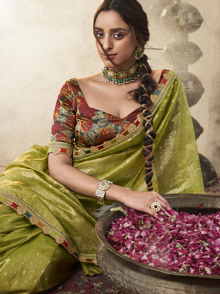Green And Red Multi Embroidered Tissue Silk Saree