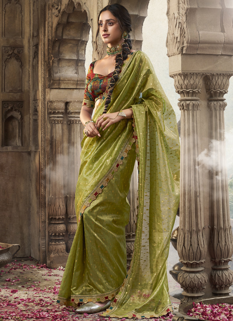 Green And Red Multi Embroidered Tissue Silk Saree